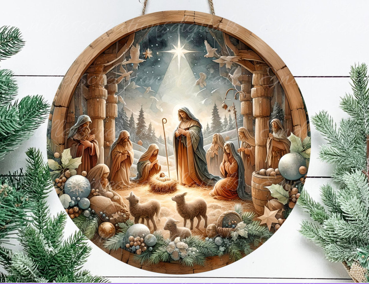 NATIVITY DOOR HANGER, wreath sign, round cutting board png, tree ornament for sublimation high resolution, can be resized