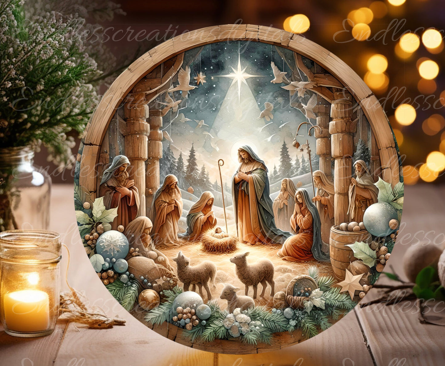 NATIVITY DOOR HANGER, wreath sign, round cutting board png, tree ornament for sublimation high resolution, can be resized