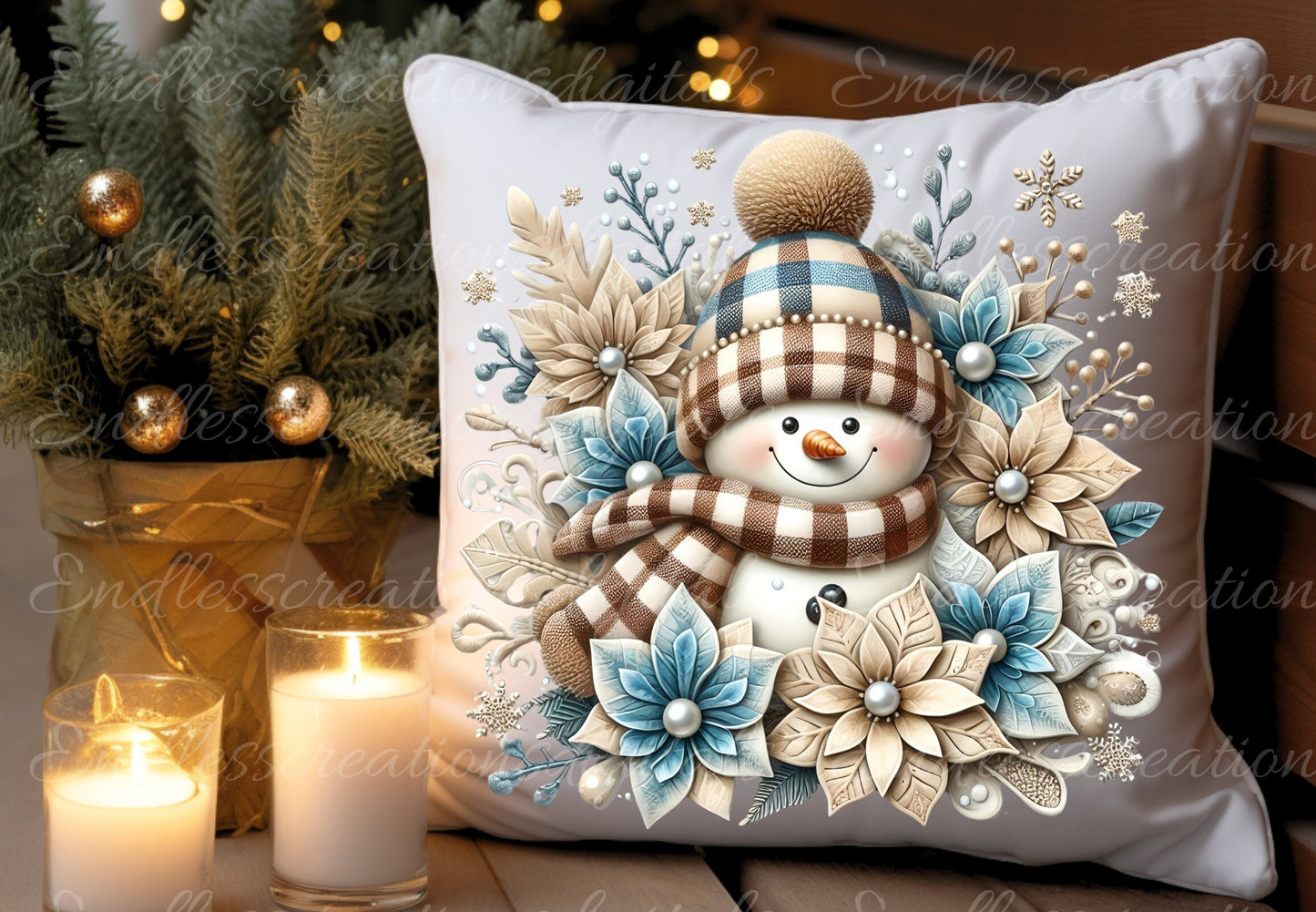 BLUE BEIGE SNOWMAN pillow, tea towel etc. sublimation package of 5 high definition 300png, transparent