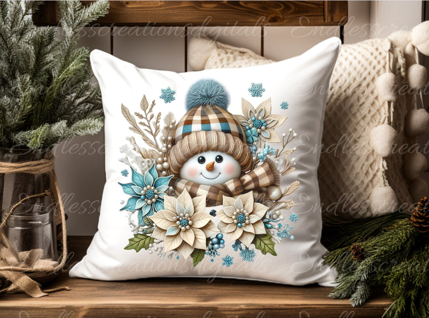 BLUE BEIGE SNOWMAN pillow, tea towel etc. sublimation package of 5 high definition 300png, transparent