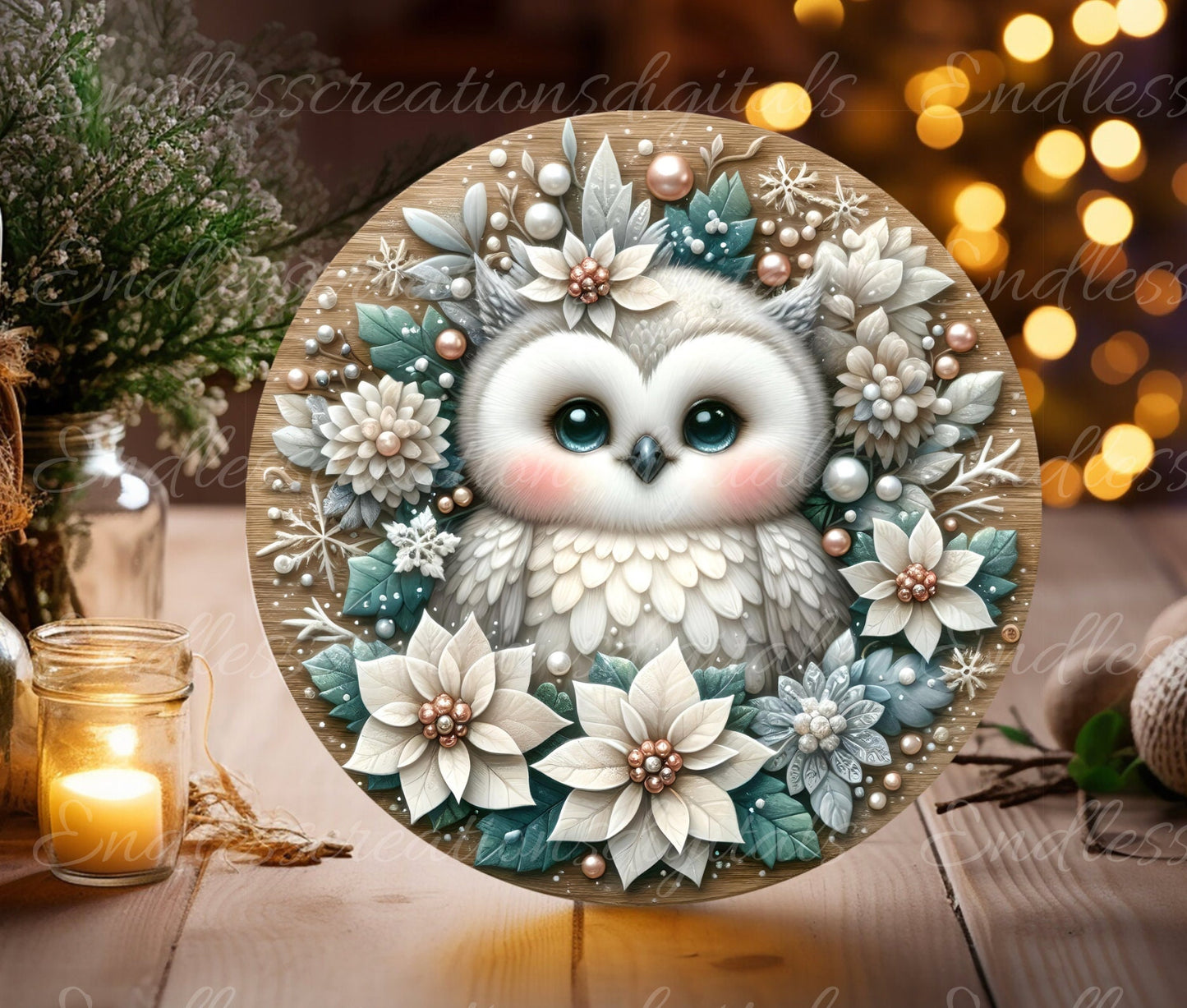 WINTER SNOW OWL door hanger, wreath sign, round cutting board, tree ornament png,  sublimation high resolution