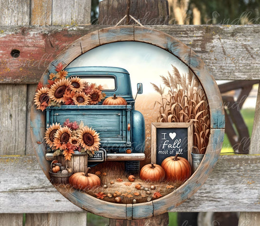 FALL BLUE TRUCK   Door hanger, wreath sign, round cutting board png, for sublimation high resolution 2 files, 1 add your own text