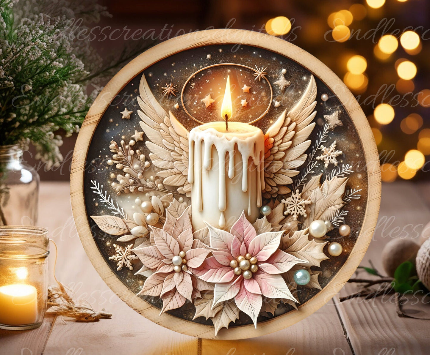 CANDLE ANGEL WINTER round door hanger, wreath sign, round cutting board, coasters etc. png,  for sublimation high resolution, can be resized