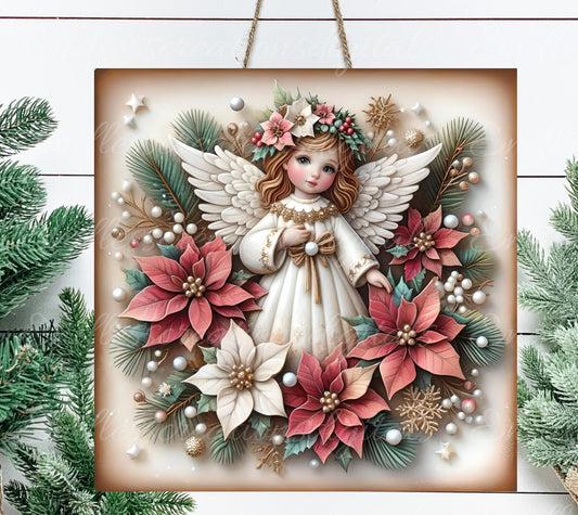 PINK ANGEL WINTER square door hanger, wreath sign, square cutting board, coasters etc. png,  for sublimation high resolution, can be resized