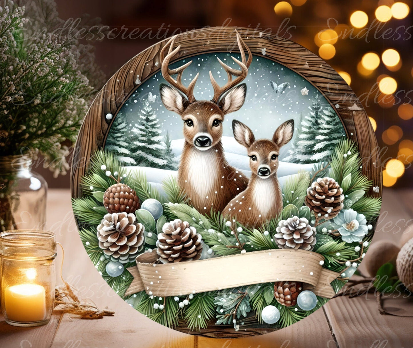 ROUND WINTER DEER door hanger, wreath sign, round cutting board, ornament etc. png,  for sublimation high resolution, 2 files, 1 add text