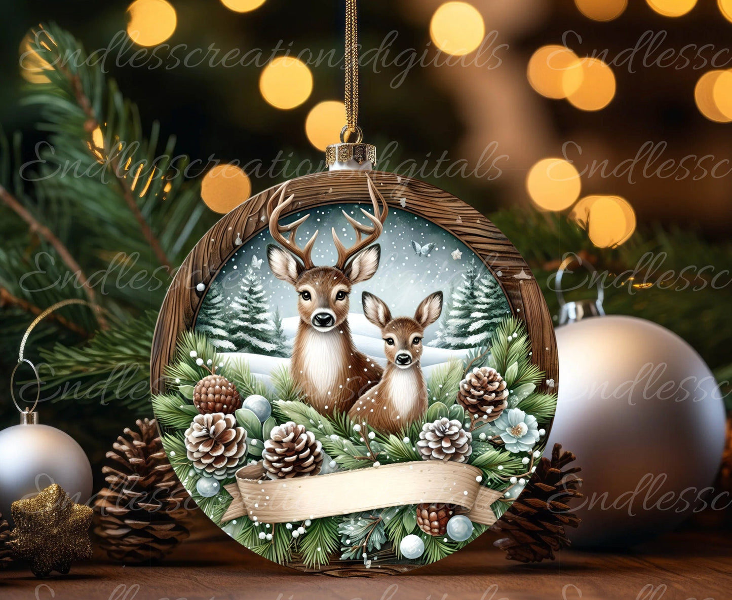 ROUND WINTER DEER door hanger, wreath sign, round cutting board, ornament etc. png,  for sublimation high resolution, 2 files, 1 add text