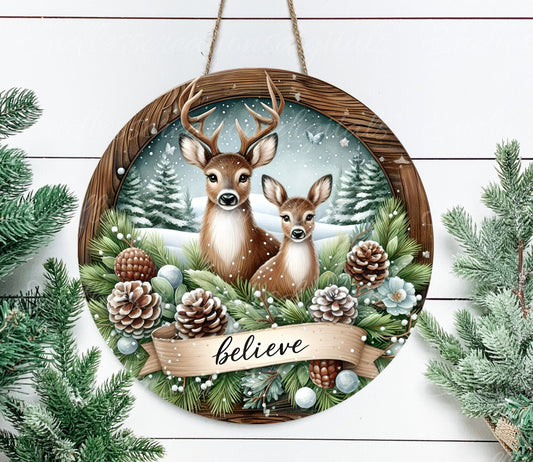 ROUND WINTER DEER door hanger, wreath sign, round cutting board, ornament etc. png,  for sublimation high resolution, 2 files, 1 add text