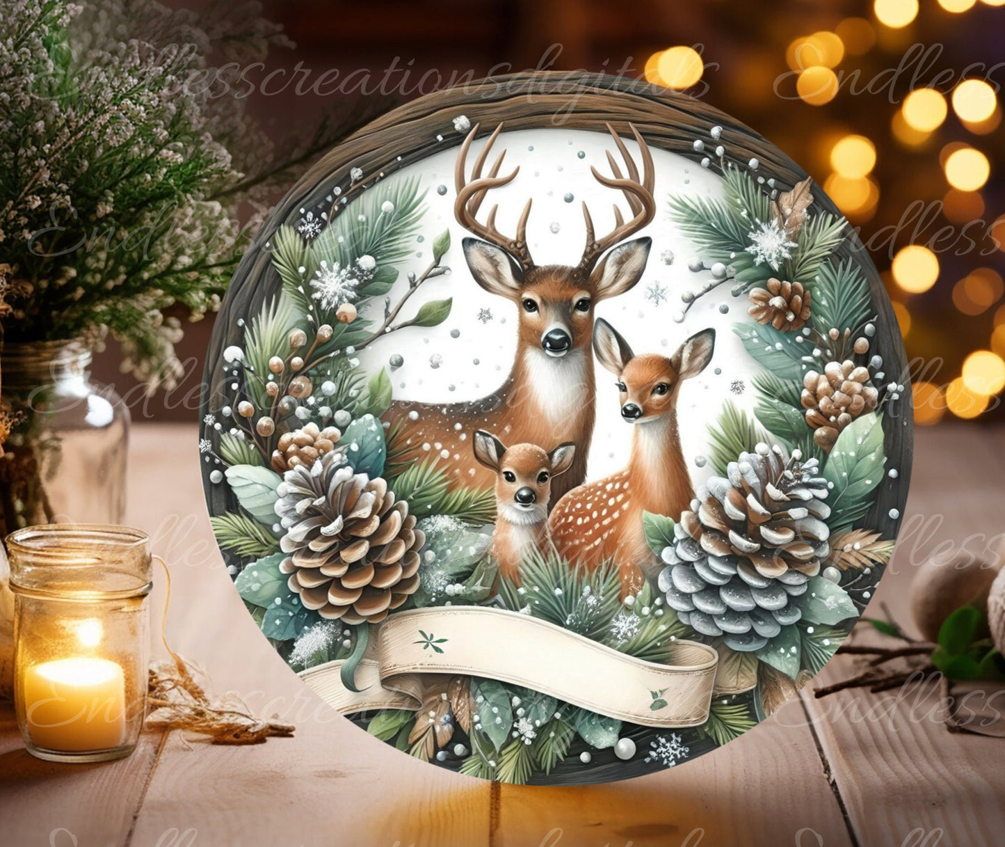 ROUND WINTER DEER door hanger, wreath sign, round cutting board, ornament etc. png,  for sublimation high resolution, 2 files, 1 add text