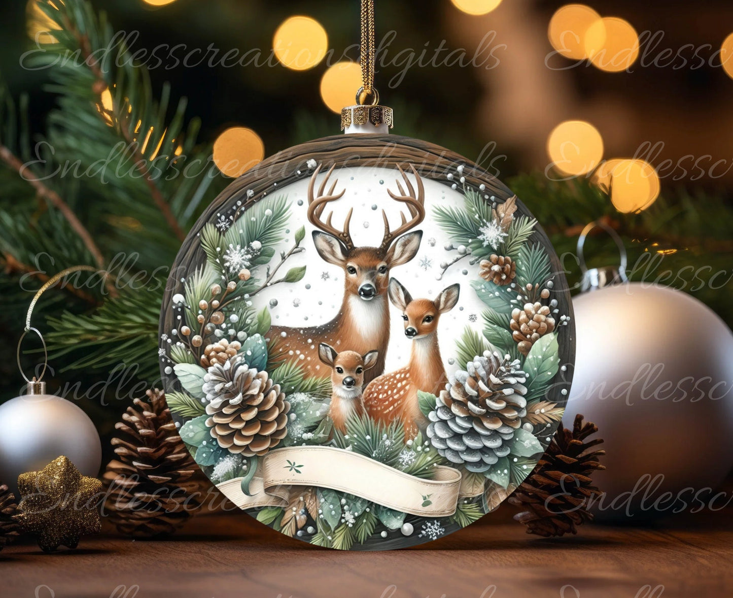 ROUND WINTER DEER door hanger, wreath sign, round cutting board, ornament etc. png,  for sublimation high resolution, 2 files, 1 add text