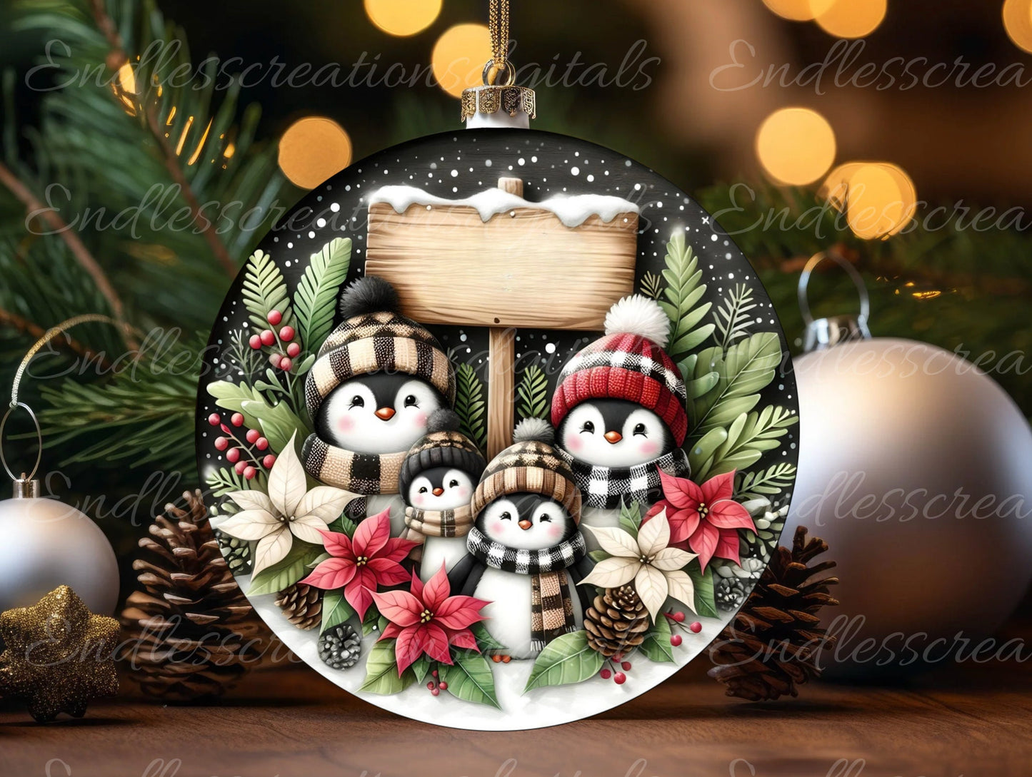 WINTER PENGUINS ROUND door hanger, wreath sign, round cutting board, coaster png,  for sublimation high resolution, 2 files, 1 blank