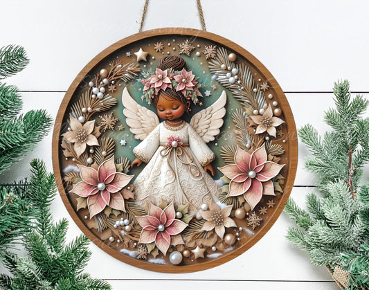 AFRICAN AMERICAN ANGEL  round door hanger, wreath sign, round cutting board, coasters etc. png, sublimation high resolution, can be resized