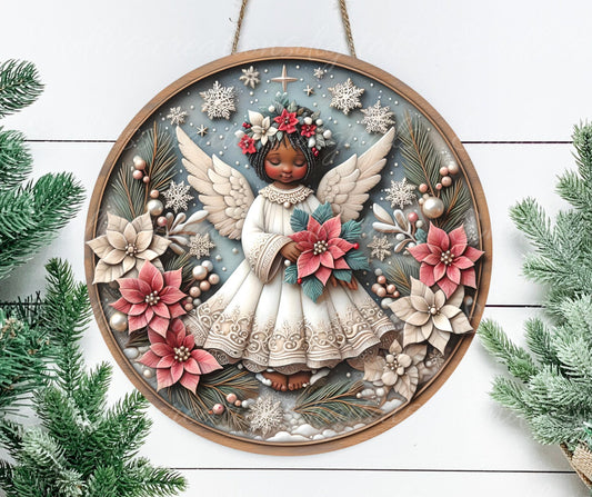 AFRICAN AMERICAN ANGEL  round door hanger, wreath sign, round cutting board, coasters etc. png, sublimation high resolution, can be resized