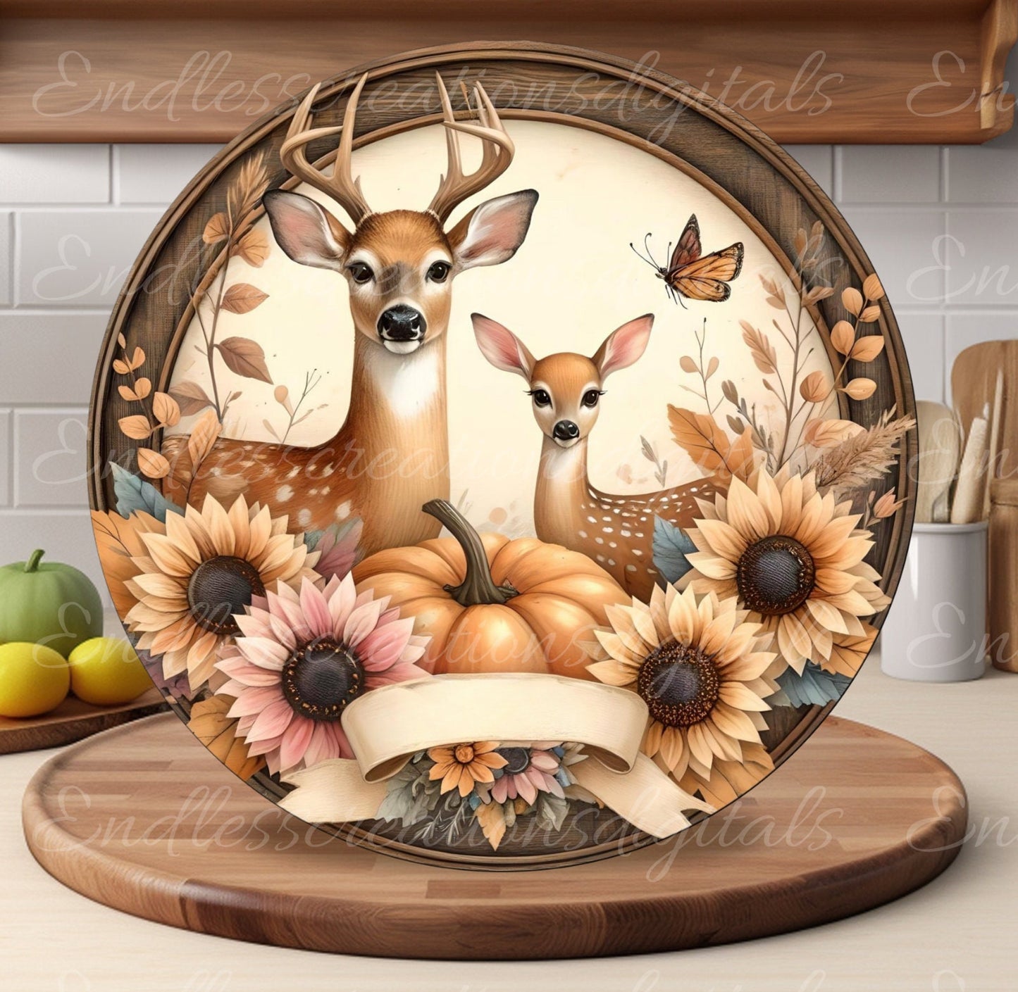 ROUND FALL DEER door hanger, wreath sign, round cutting board, ornament etc. png,  for sublimation high resolution, 2 files, 1 add text