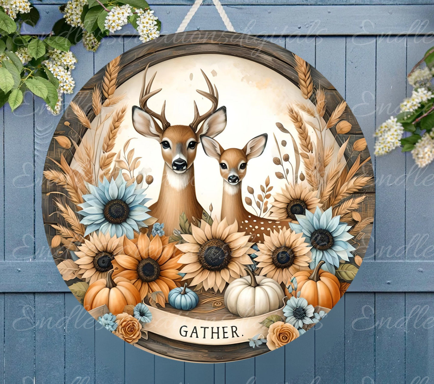 ROUND FALL DEER door hanger, wreath sign, round cutting board, ornament etc. png,  for sublimation high resolution, 2 files, 1 add text