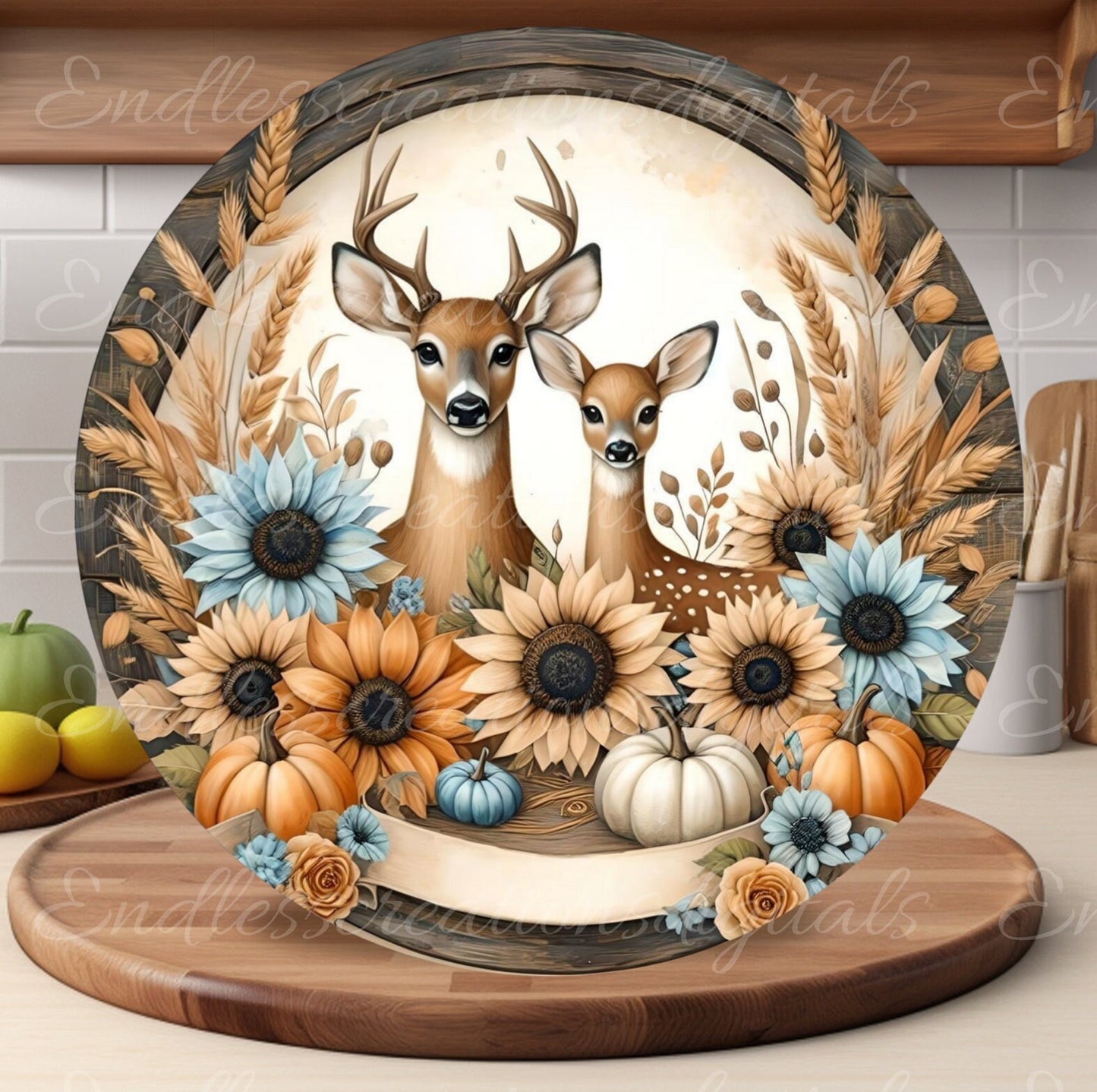 ROUND FALL DEER door hanger, wreath sign, round cutting board, ornament etc. png,  for sublimation high resolution, 2 files, 1 add text