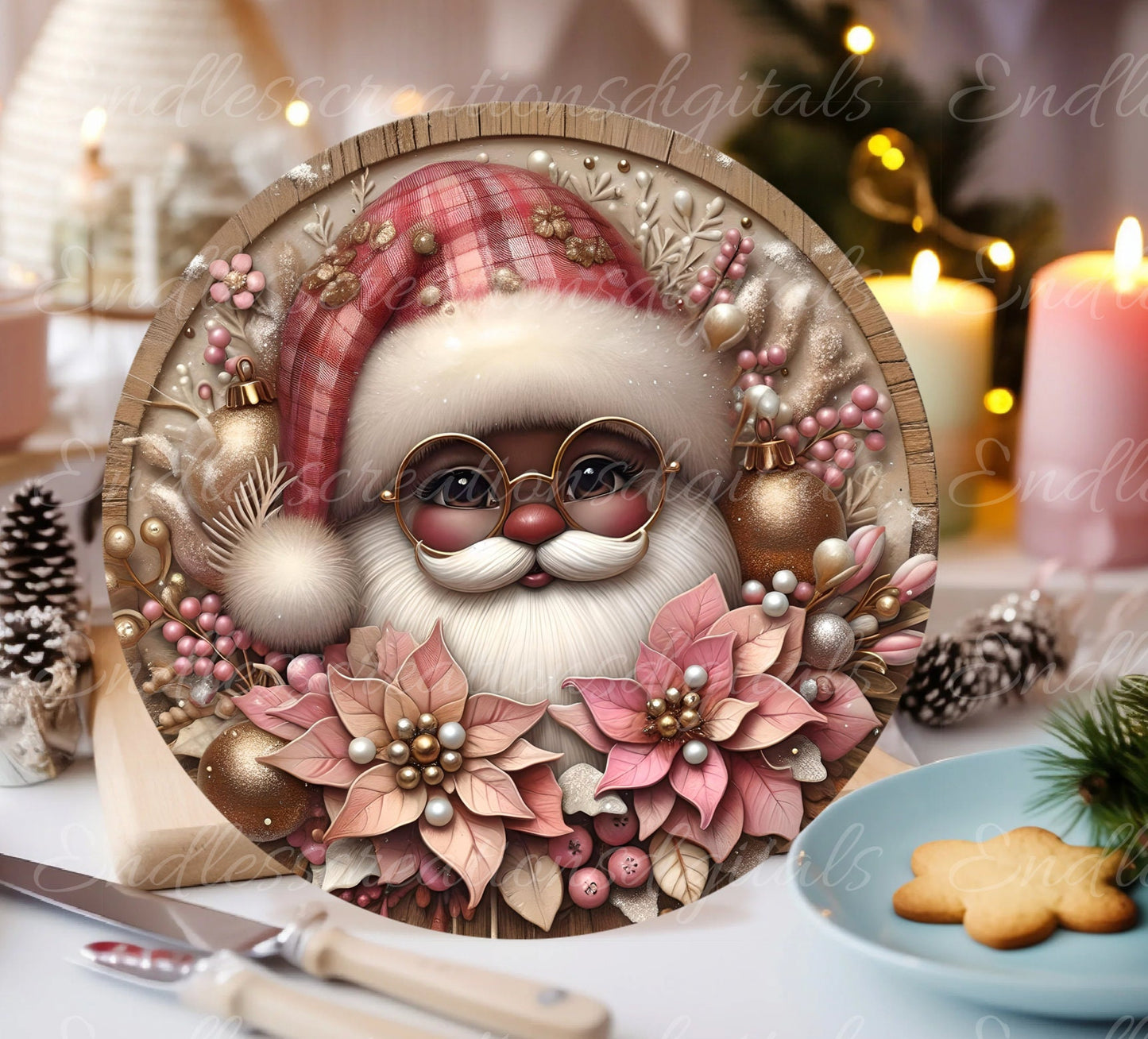 PINK SANTA DOOR hanger, wreath sign, round cutting board png, tree ornament for sublimation high resolution,