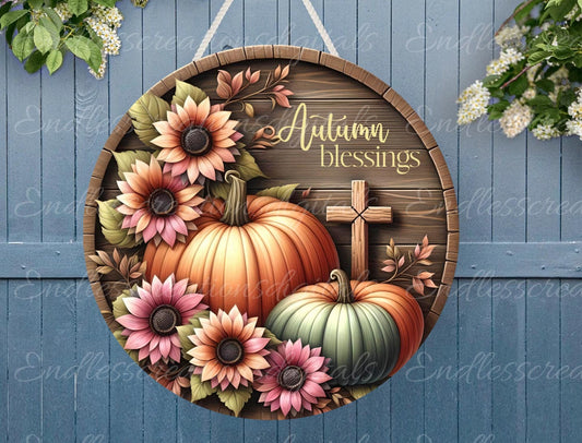 FALL AUTUMN BLESSINGS Door hanger, wreath sign, round cutting board, for sublimation high resolution 2 files, 1 add your own text