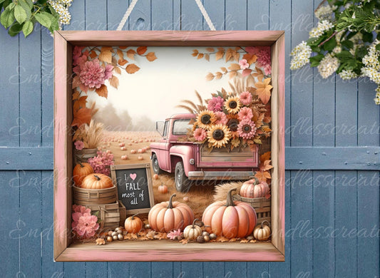 FALL PINK TRUCK Square Door hanger, wreath sign, square cutting board, for sublimation high resolution 2 files, 1 add your own text