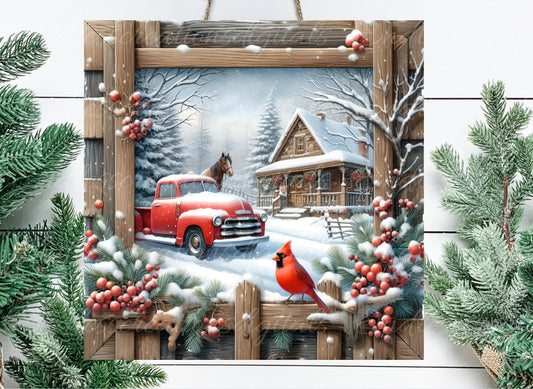 WINTER RED TRUCK square door hanger, wreath sign, square cutting board, coasters etc for sublimation high resolution 300 dpi