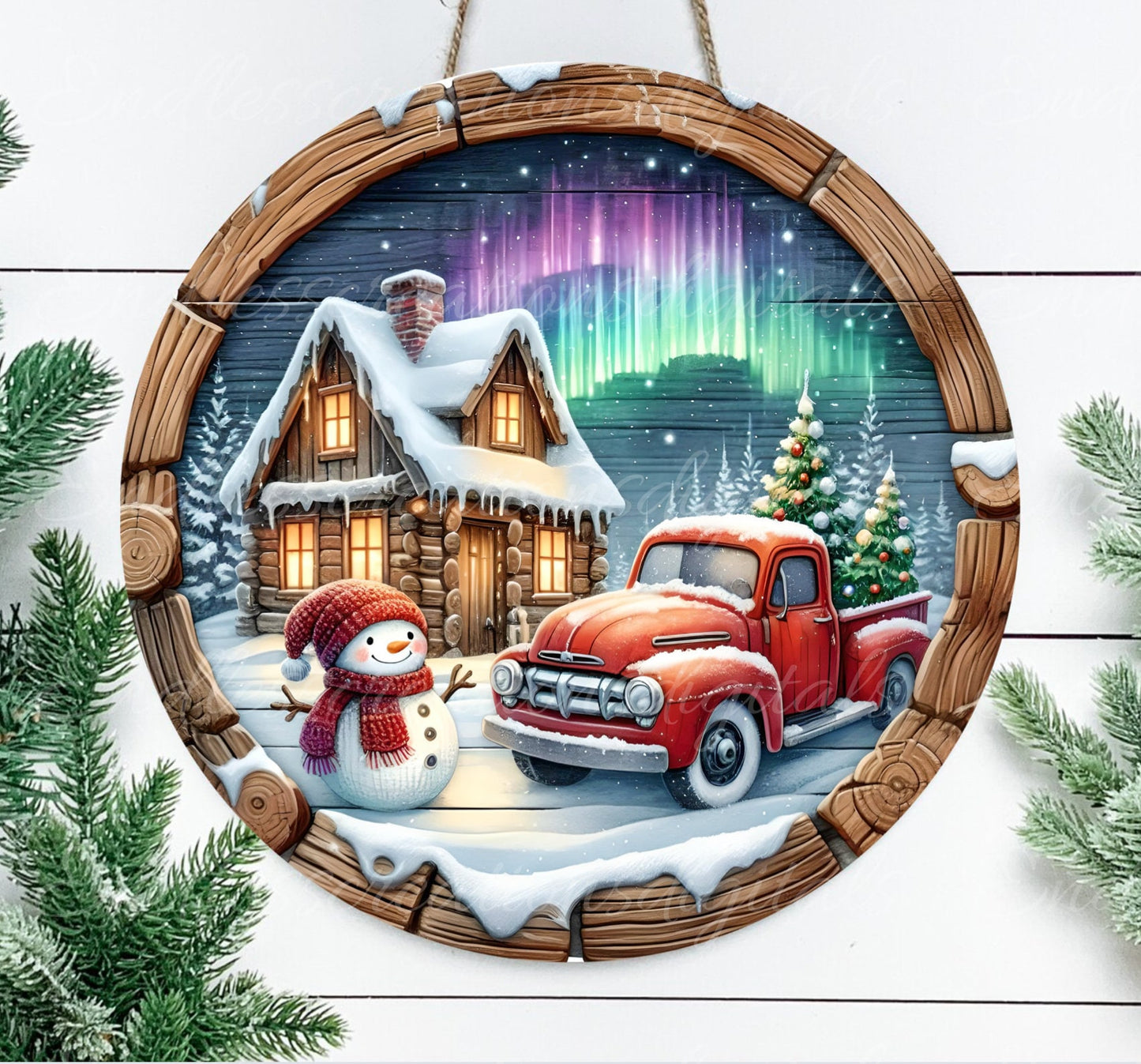 WINTER RED TRUCK round door hanger, wreath sign, round cutting board, coasters etc for sublimation high resolution 300 dpi