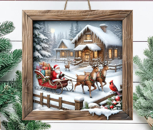 SANTA SLEIGH REINDEER square door hanger, wreath sign, square cutting board, coasters etc for sublimation high resolution 300 dpi