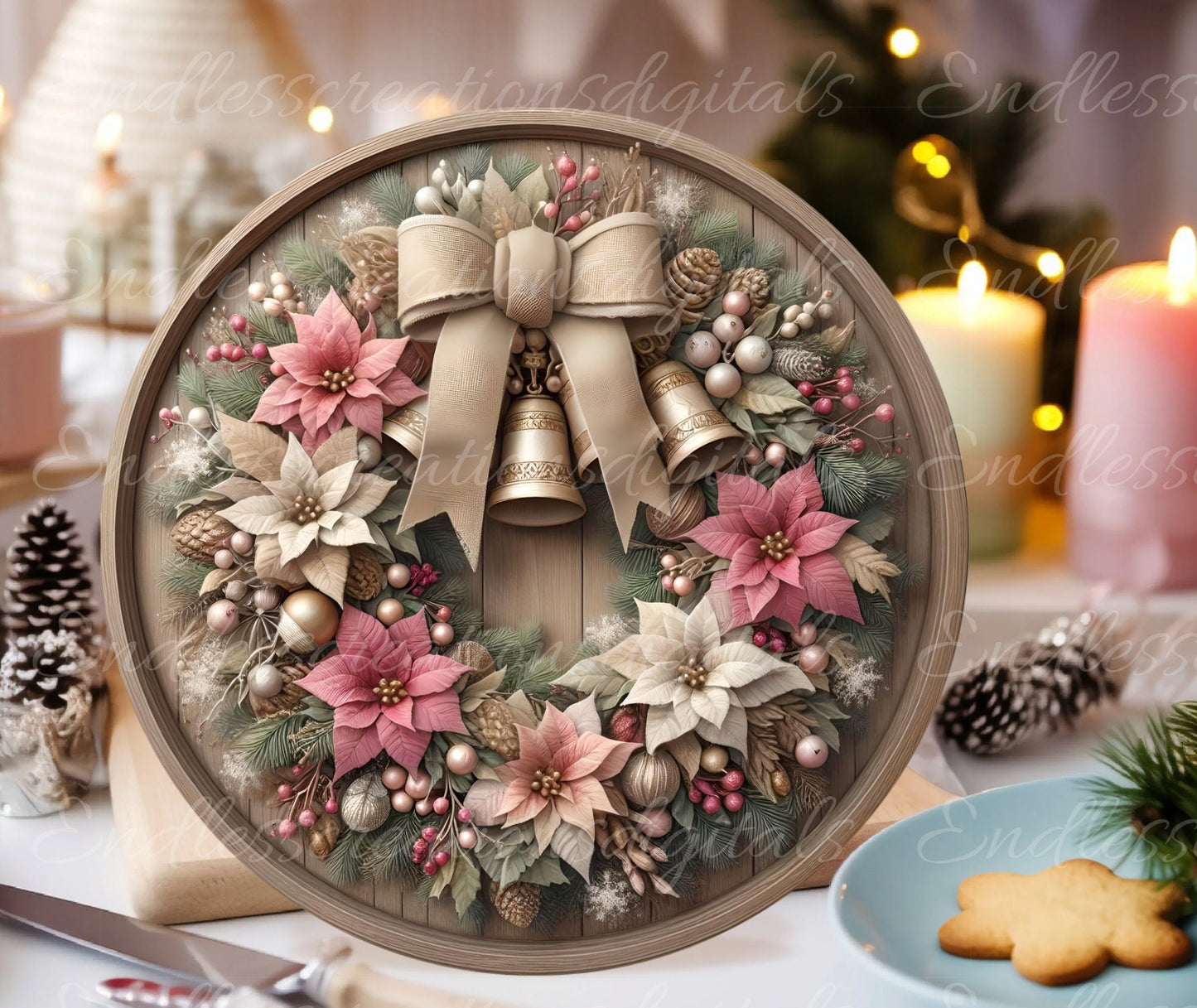 FRAMED PINK WREATH round door hanger, wreath sign, round cutting board, tree ornament etc for sublimation high resolution 300 dpi