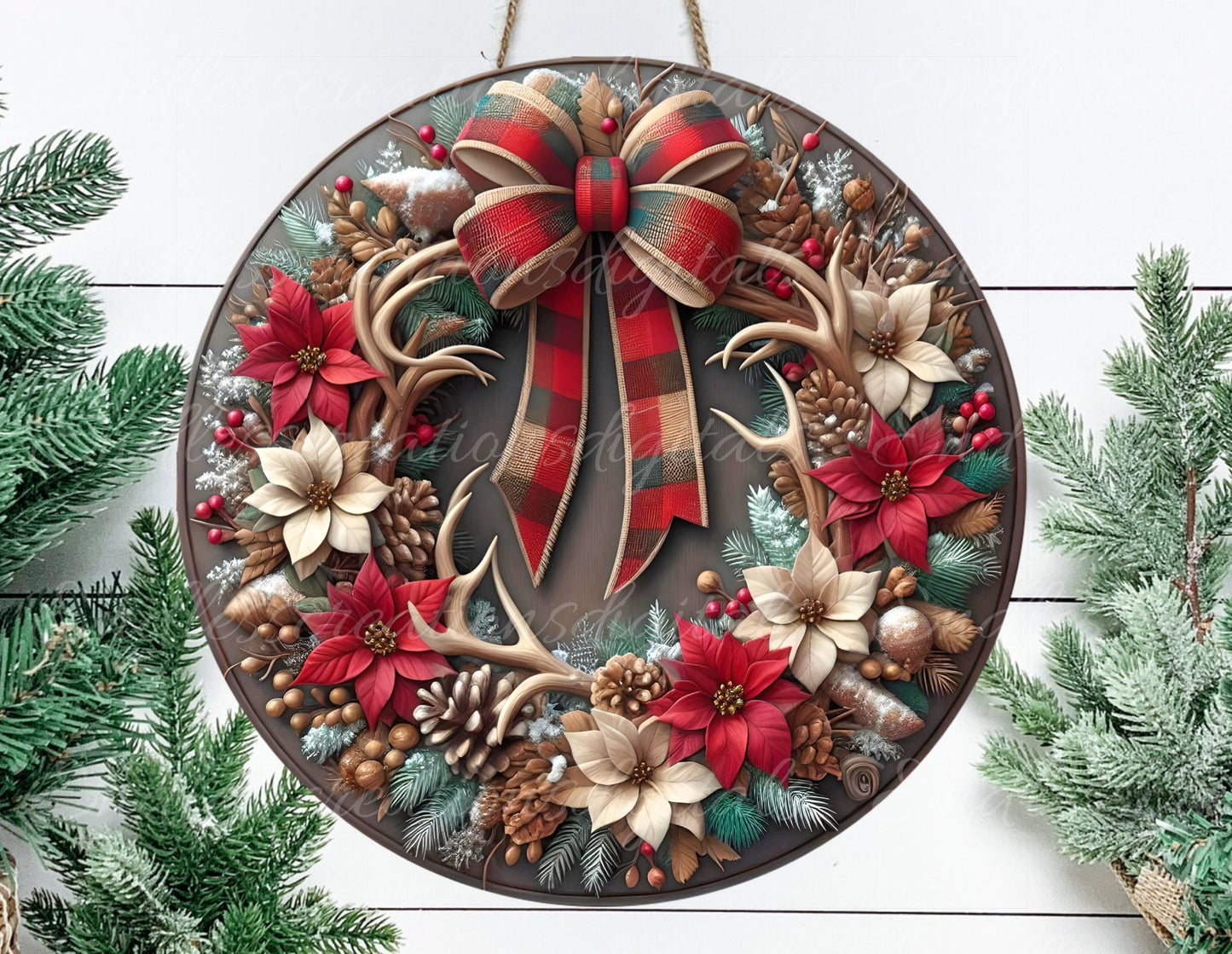 FRAMED RED WREATH round door hanger, wreath sign, round cutting board, tree ornament etc for sublimation high resolution 300 dpi