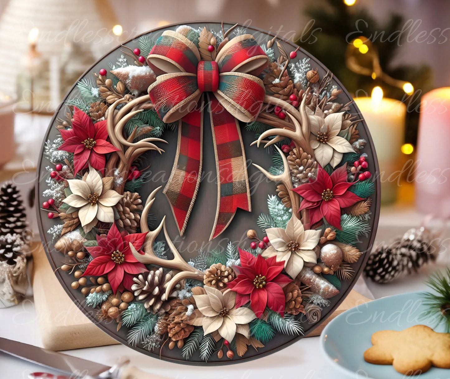 FRAMED RED WREATH round door hanger, wreath sign, round cutting board, tree ornament etc for sublimation high resolution 300 dpi