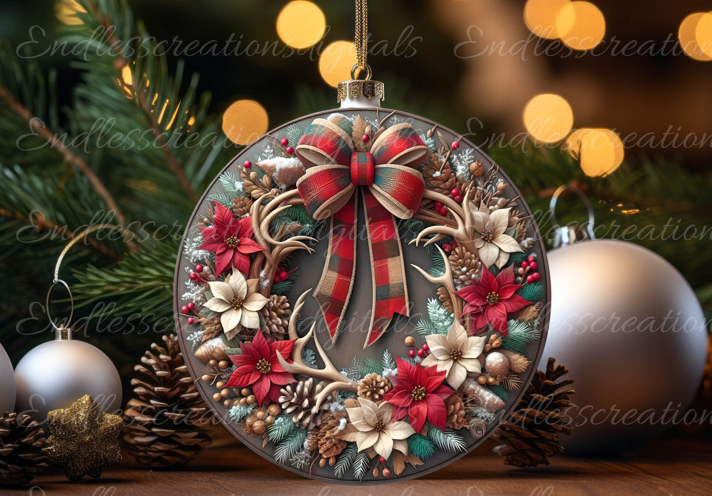 FRAMED RED WREATH round door hanger, wreath sign, round cutting board, tree ornament etc for sublimation high resolution 300 dpi