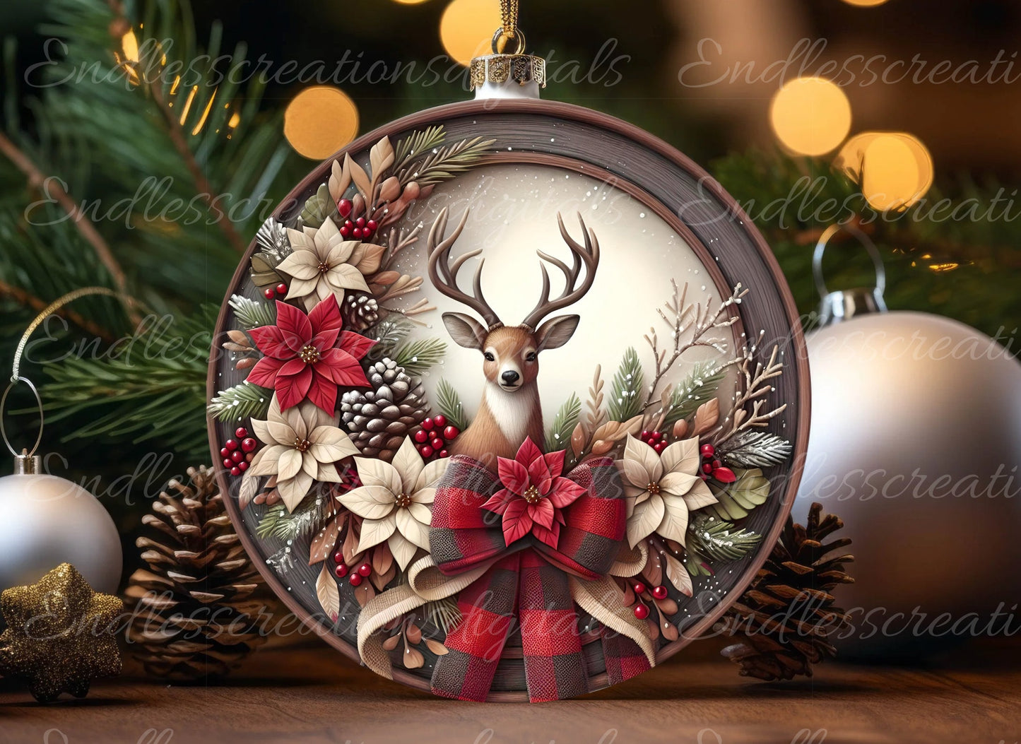 FRAMED DEER WREATH round door hanger, wreath sign, round cutting board, tree ornament etc for sublimation high resolution 300 dpi