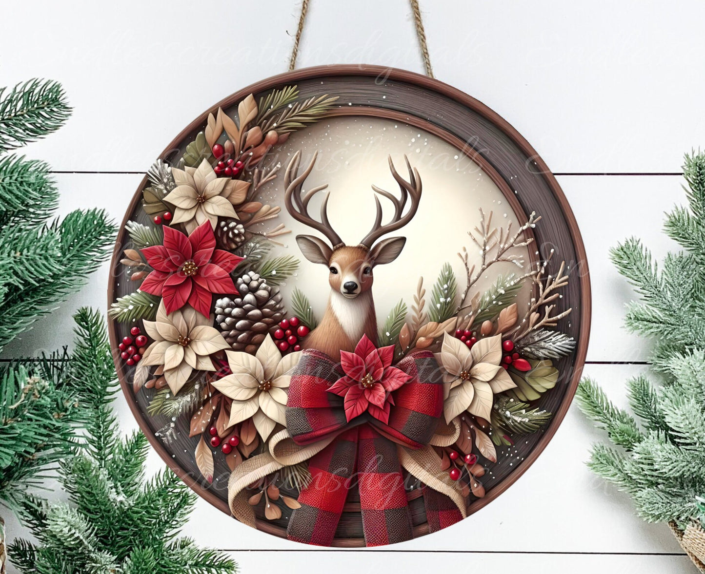 FRAMED DEER WREATH round door hanger, wreath sign, round cutting board, tree ornament etc for sublimation high resolution 300 dpi