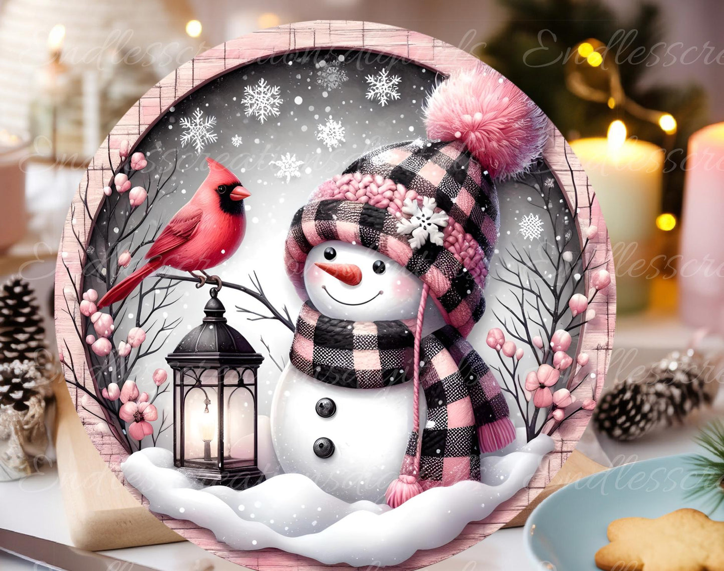 PINK SNOWMAN  Door hanger, wreath sign, round cutting board, ornament, can resize,  for sublimation high resolution 1 file for download