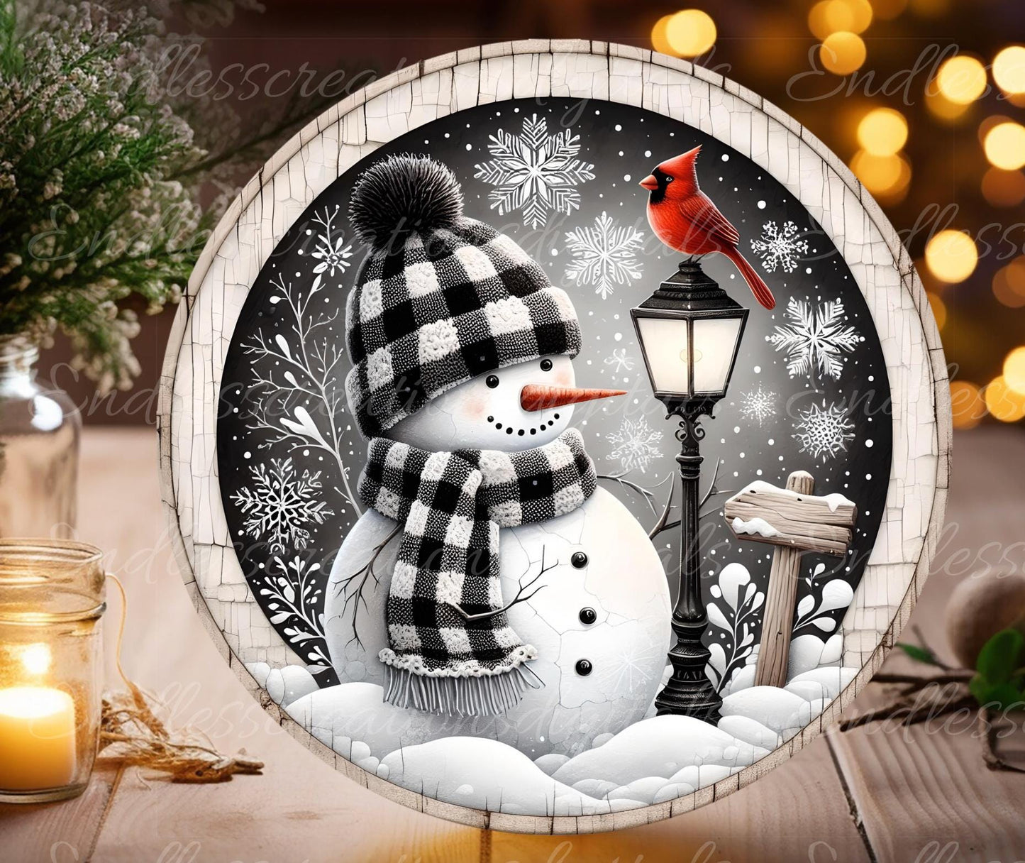 SNOWMAN CARDINAL  Door hanger, wreath sign, round cutting board, ornament, can resize,  for sublimation high resolution, 2 files, 1 add text