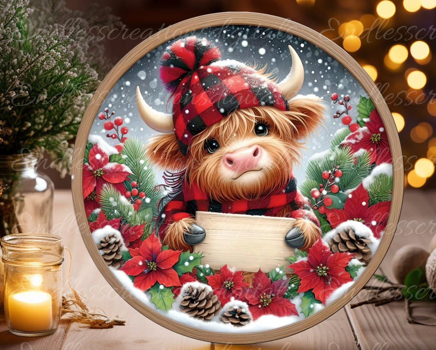 SNOWY HIGHLAND COW door hanger, wreath sign, round cutting board, for sublimation high resolution 2 files for download 1 add your own text