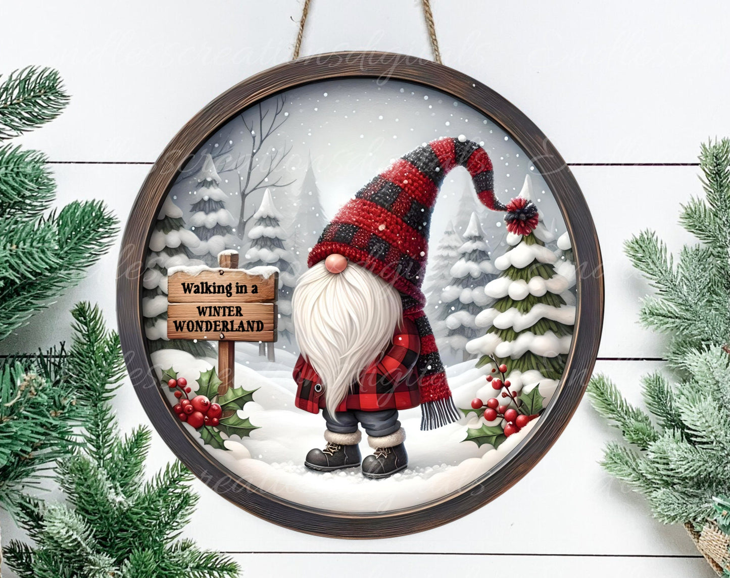 WINTER WONDERLAND GNOME door hanger, wreath sign, cutting board, for sublimation high resolution 2 files for download 1 add your own text