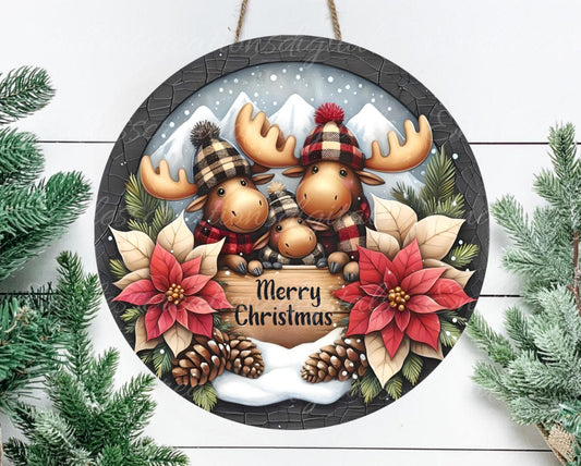 CHRISTMAS PLAID MOOSE Door hanger, wreath sign, round cutting board, ornament, resize, sublimation high resolution 2 files, 1 add own text