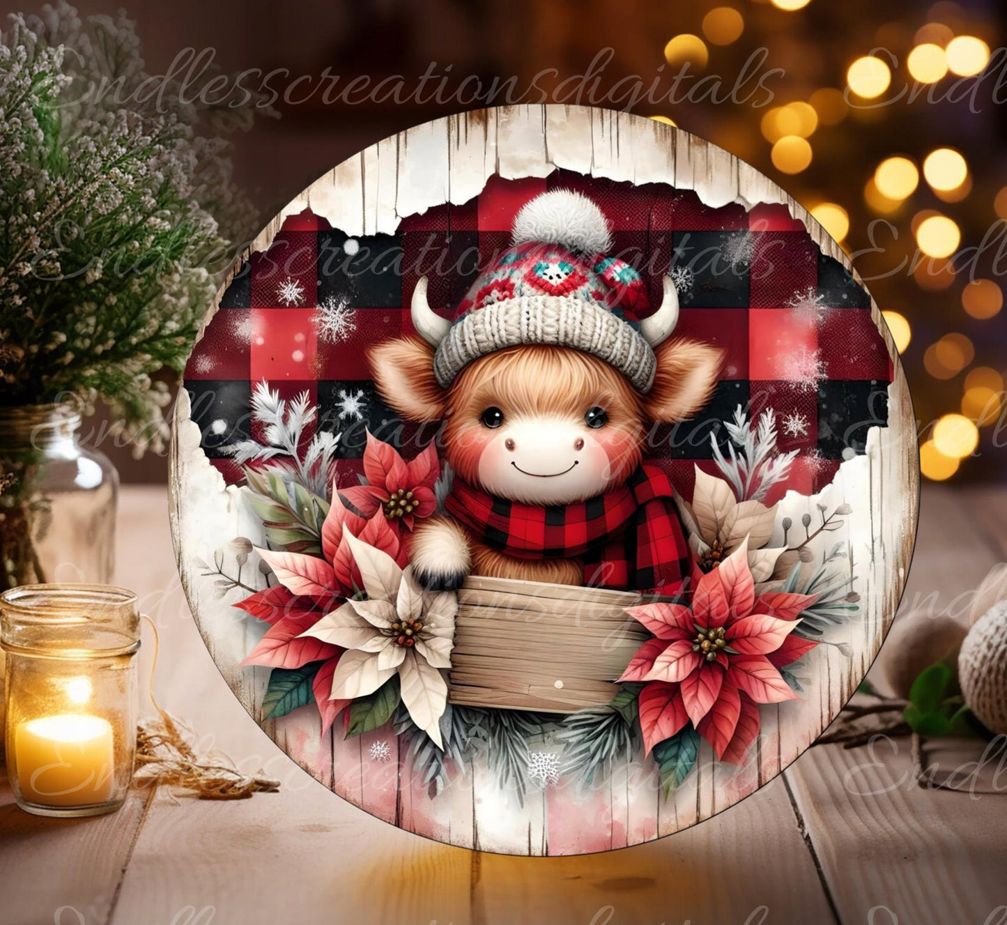 WINTER PLAID HIGHLAND Door hanger, wreath sign, round cutting board, ornament, resize, sublimation high resolution 2 files, 1 add own text