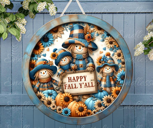 FALL SCARECROW FAMILY  Door hanger, wreath sign, round cutting board png, for sublimation high resolution 2 files, 1 add your own text