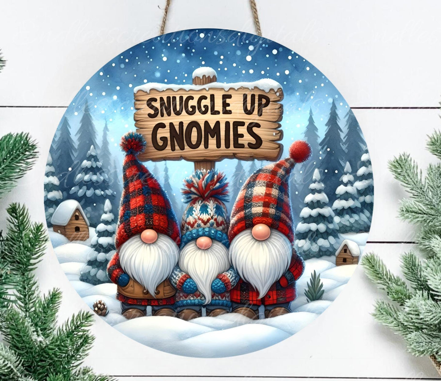 SNUGGLE UP GNOMIES Door hanger, wreath sign, round cutting board, ornament, resize, sublimation high resolution 2 files, 1 add own text