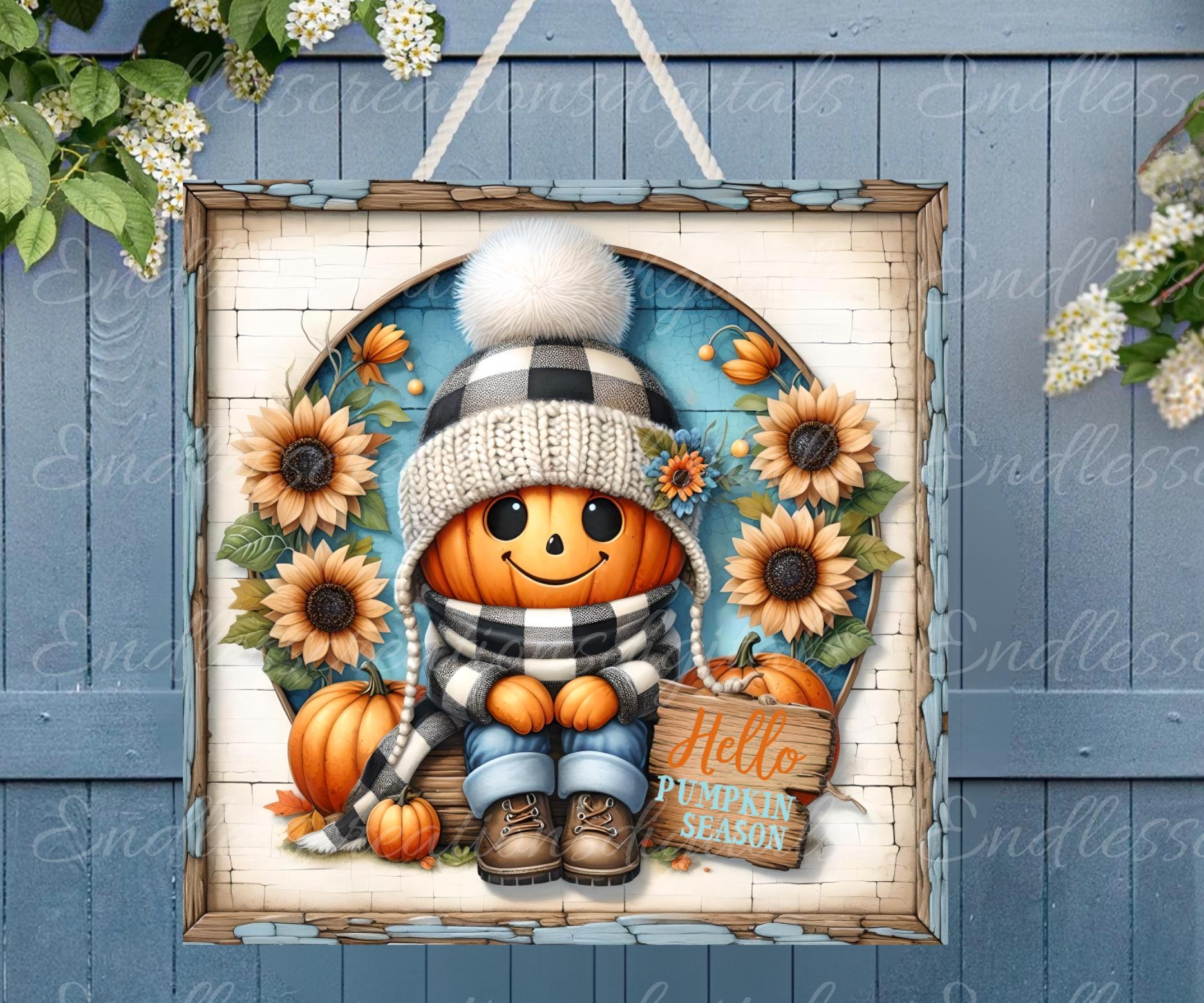 FALL PUMPKIN HEAD Square Door hanger, wreath sign, square cutting boar ...