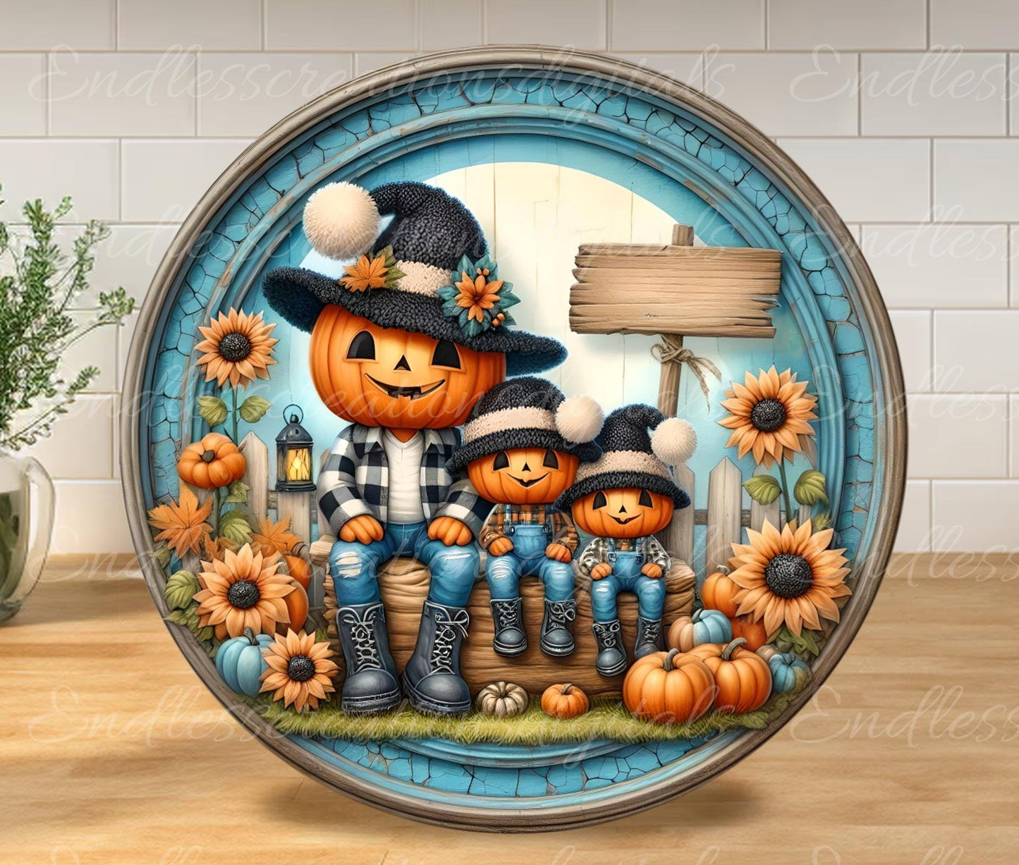 FALL PUMPKINHEAD FAMILY Door hanger, wreath sign, round cutting board, for sublimation high resolution 2 files, 1 add your own text