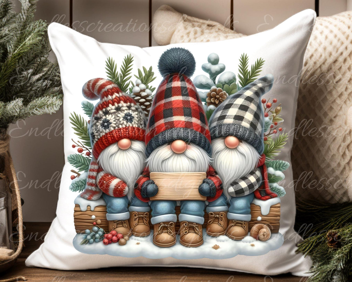 WINTER GNOMES PILLOW covers, tea towel, tote bags etc. sublimation package of 5 high definition 300 Dpi, transparent, add your own text