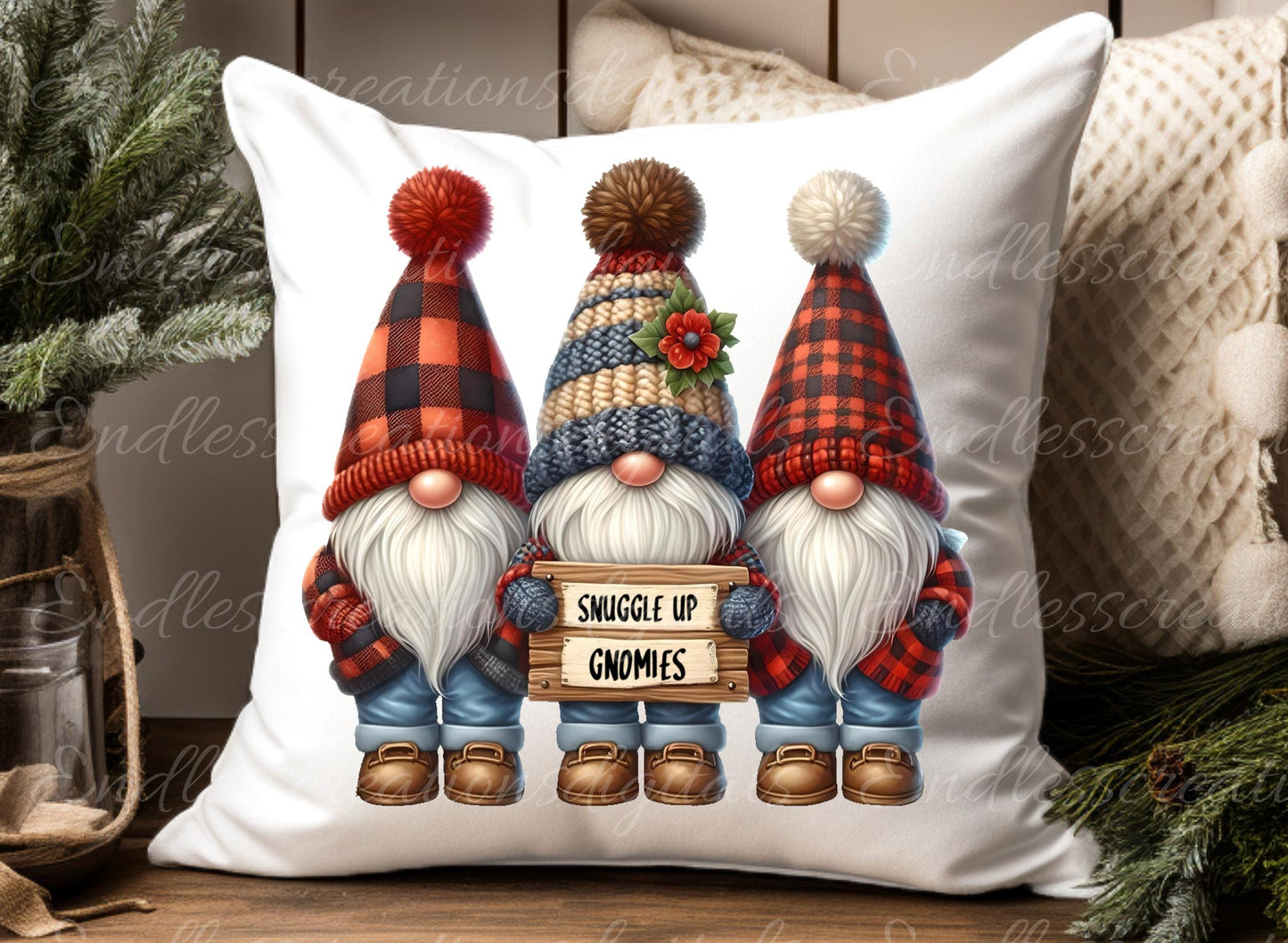 WINTER GNOMES PILLOW covers, tea towel, tote bags etc. sublimation package of 5 high definition 300 Dpi, transparent, add your own text