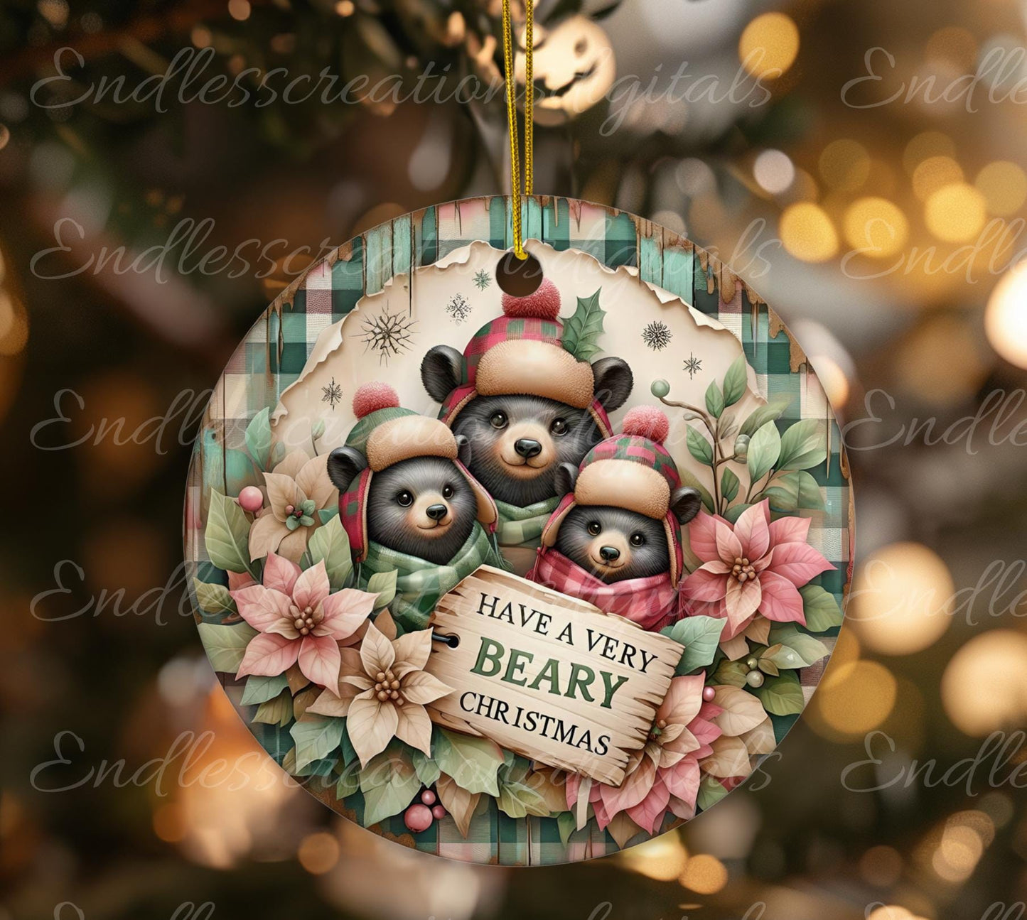 WINTER PLAID BEARS Door hanger, wreath sign, round cutting board, ornament, resize, sublimation high resolution 2 files, 1 add own text