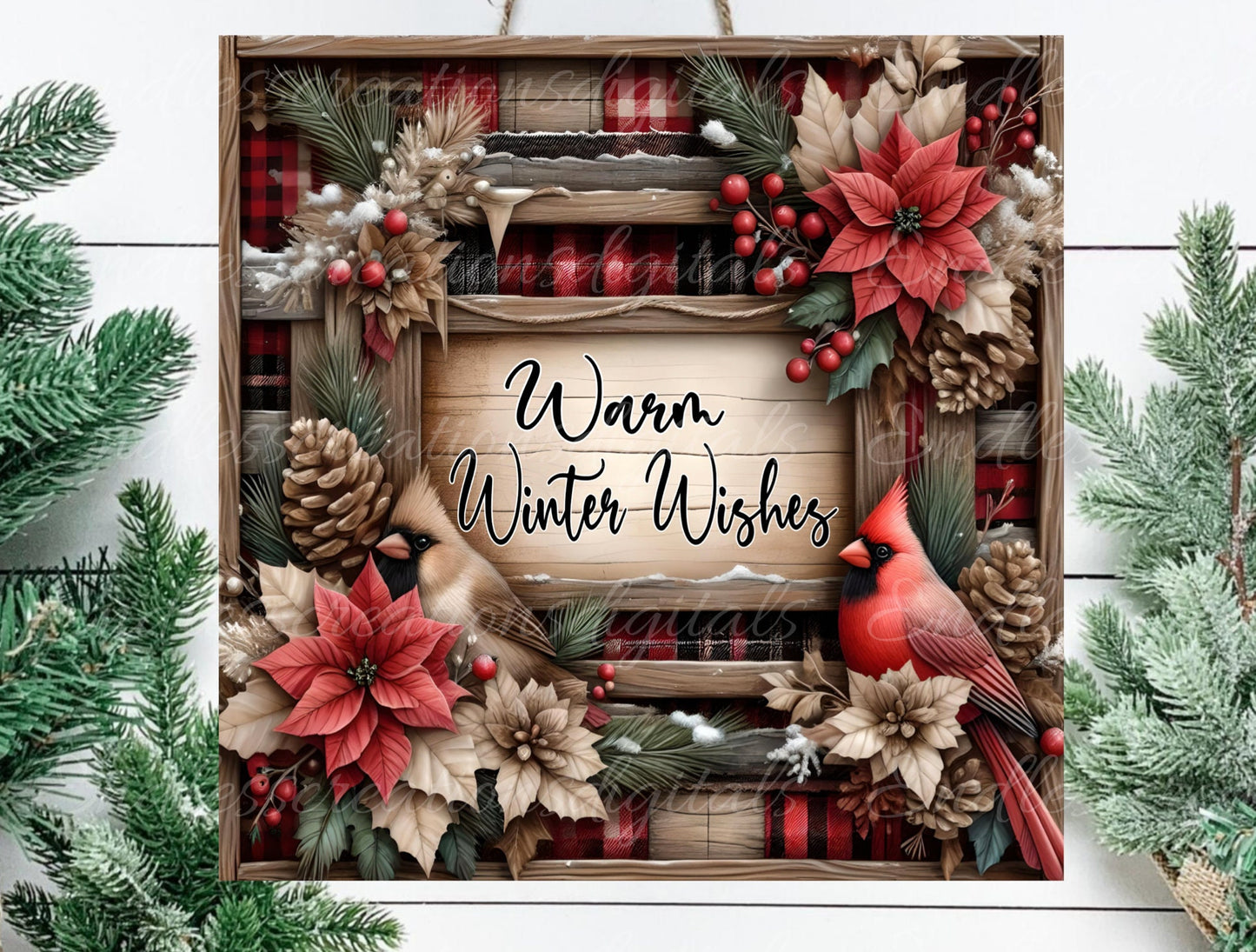 WINTER CARDINALS SQUARE door hanger, wreath sign, square cutting board png, for sublimation, 2 files for download,  1 add your own text