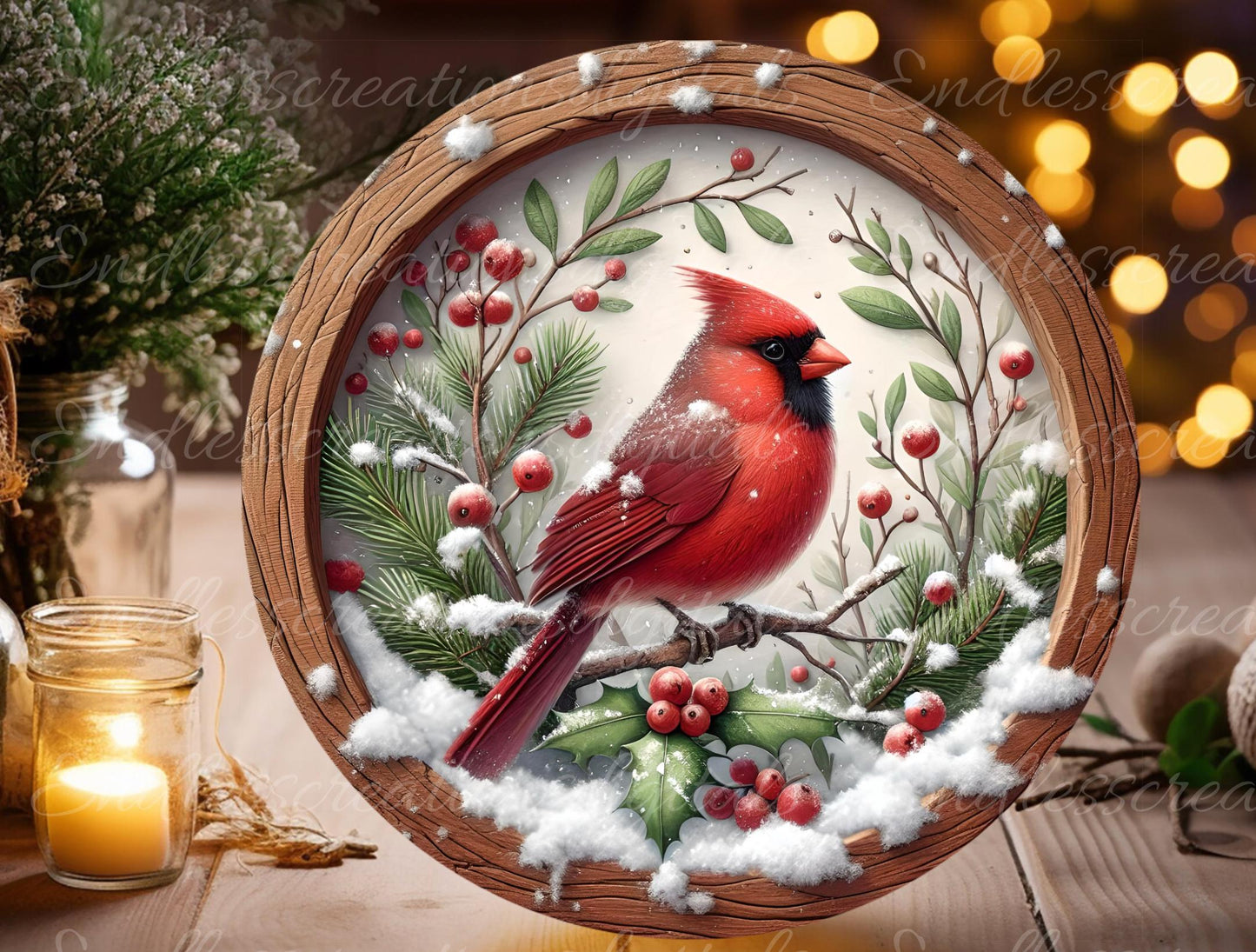 WINTER CARDINAL Door hanger, wreath sign, round cutting board ornament, resize, sublimation high resolution 1 file for download