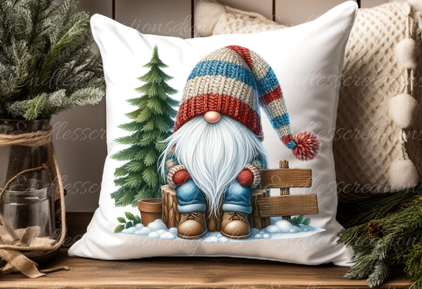 WINTER GNOMES PILLOW covers, tea towel, tote bags etc. sublimation package of 5 high definition 300 Dpi, transparent, add your own text