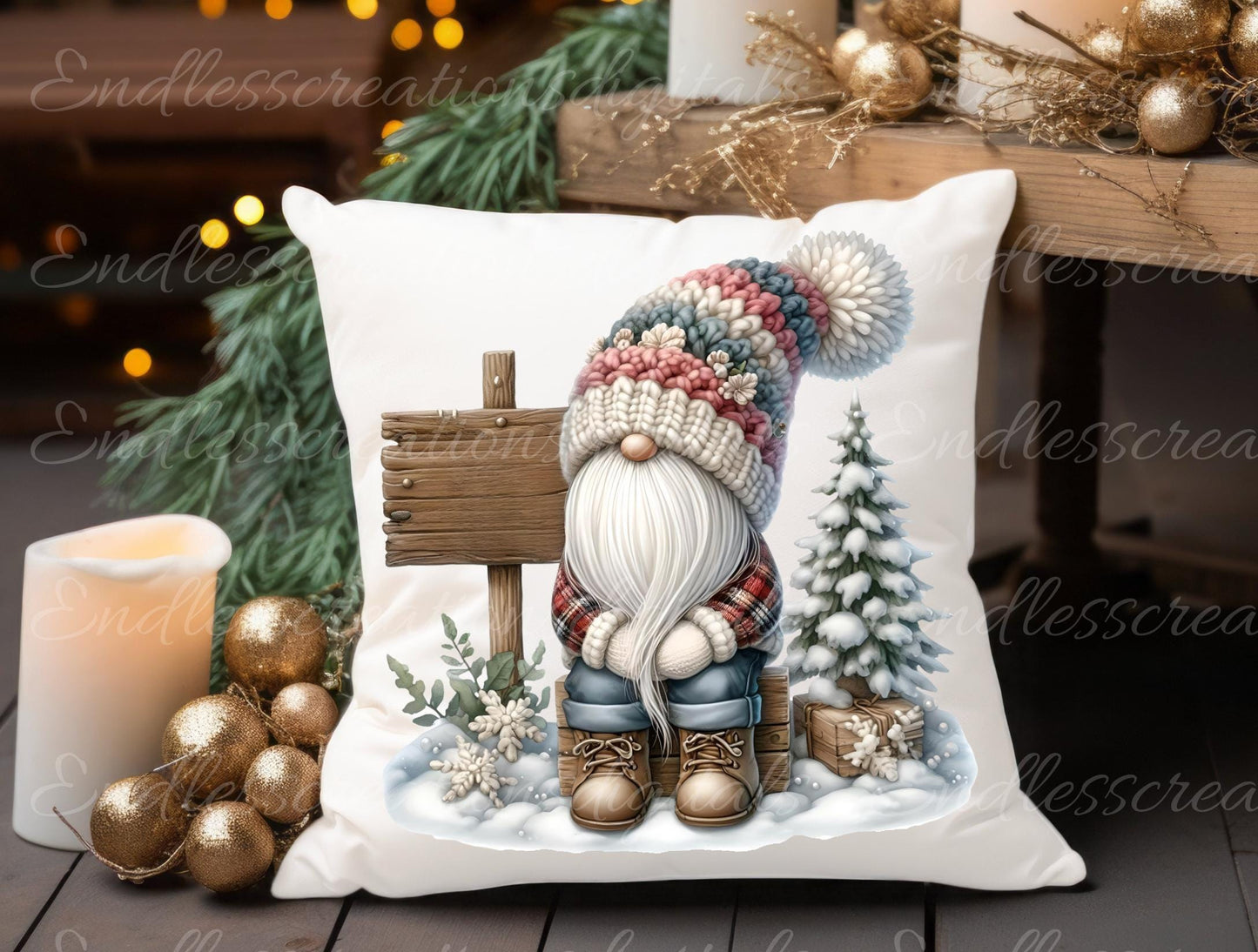 WINTER GNOMES PILLOW covers, tea towel, tote bags etc. sublimation package of 5 high definition 300 Dpi, transparent, add your own text