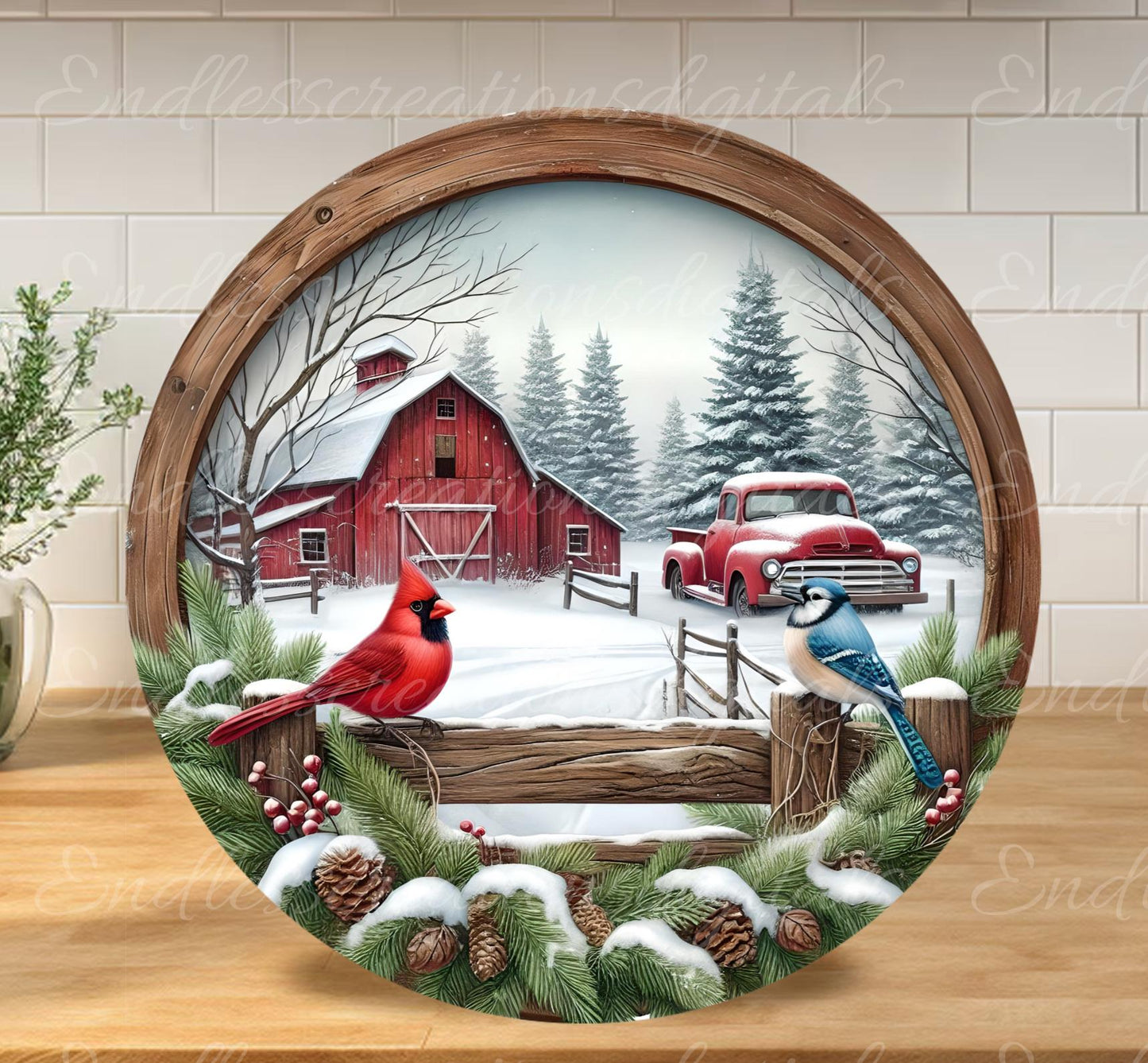 WINTER  CARDINAL Door hanger, wreath sign, round cutting board ornament, resize, sublimation high resolution 2 files 1 add own text