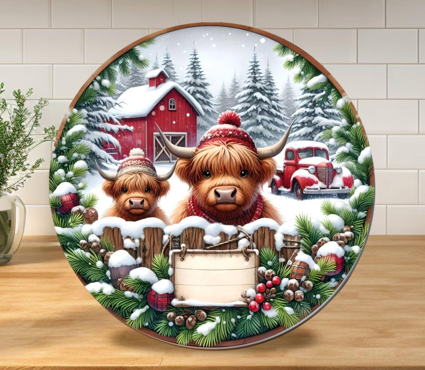 CHRISTMAS HIGHLAND COWS hanger, wreath sign, round cutting board ornament, resize, sublimation high resolution 2 files 1 add own text